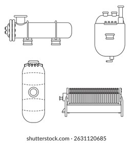 Equipamentos químicos industriais delineiam um conjunto de vetores com reatores, tanques, filtros e trocadores de calor. Ideal para infográficos e visuais com temas de fábrica, engenharia, processamento e fabricação.