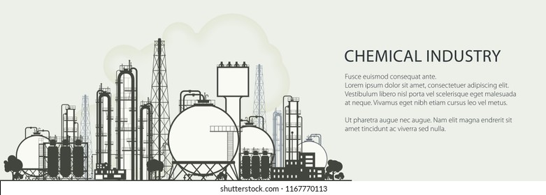 Industrial Chemical Plant Horizontal Banner , Refinery Processing Of Natural Resources, Chemical Industry, Poster Brochure Flyer Design, Vector Illustration