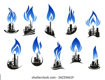 Industrial chemical plant icons with chimneys, pipes and tank storages black silhouettes, supplemented by curved blue flames. For natural gas and oil industry themes design