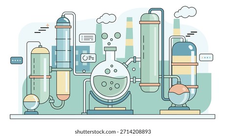 Industrial chemical processing system showing laboratory reactors pipes tanks and columns used in manufacturing research energy and science concepts