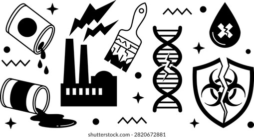 Industrial Chemical Spill and Genetically Modified Mutagenic Risk Vector Icon Set Featuring Factory Pollutants, Leaking Oil Barrels, Paint Contamination, Broken DNA, and Fractured Biohazard Shield Graphics.eps