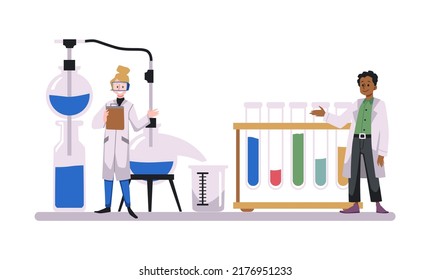 Industrial chemistry researches and chemical production for farming and soil fertility banner or badge template, flat vector illustration isolated on white background.