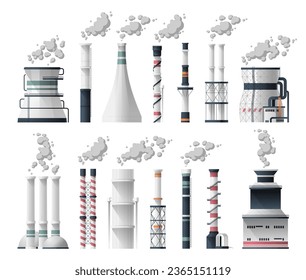 Industrial chimney. Cartoon coal smoke stack with gas exhaust pipe, industrial refinery smokestack with toxic fumes, eco power plant. Vector set. Environmental pollution, dirty smog