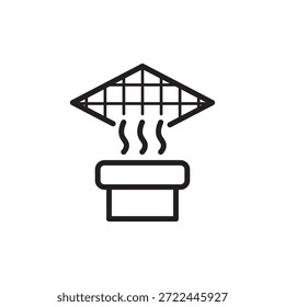 Industrial chimney filter icon featuring a vertical exhaust stack with rising heat or vapor waves passing through a reinforced mesh filtration grid, symbolizing emission control and air purification.