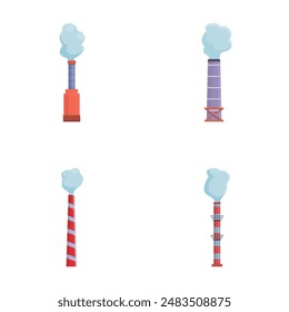 Industrial chimney icons set cartoon vector. Various factory chimney with smoke. Air pollution concept