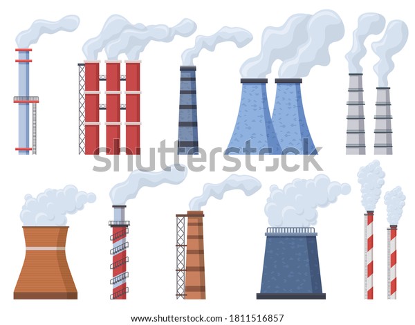 工業用煙突 工業用煙突の製造 有毒な空気煙突の管 工場用煙突の煙汚染ベクター画像イラストセット 汚いスモッグを放つ植物 大気汚染 のベクター画像素材 ロイヤリティフリー