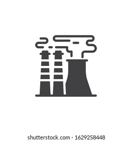 Industrial chimney pollution vector icon. filled flat sign for mobile concept and web design. Power plant chimneys with smoke glyph icon. Symbol, logo illustration. Vector graphics