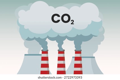 Chaminés industriais com fumaça de CO2 causando poluição do ar na ilustração do vetor de fundo do céu, fórmula química de CO2 e nuvens