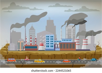 Industrial chimneys with heavy smoke causing air pollution. City road smog, factories smoke and industrial carbon dioxide clouds. Vehicle toxic pollution, polluted air vector illustration