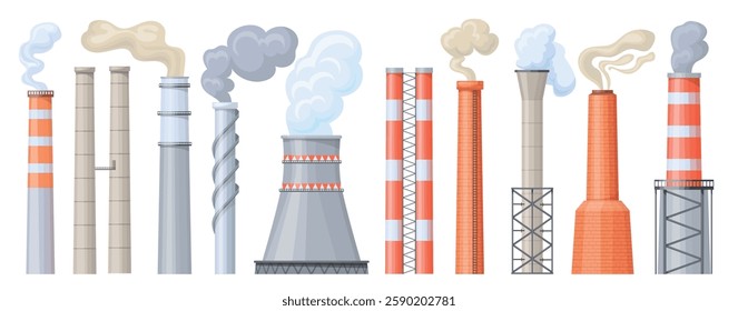 Industrial chimneys stack. Factory smokestack, power plant industry air pipes with smoke emission environmental pollution smog co2 steam industrial exhaust neat vector illustration original artwork
