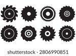 Industrial Circular Saw Blade Icon Set – Black Silhouette Woodworking, Carpentry and Cutting Tool Vector Collection
