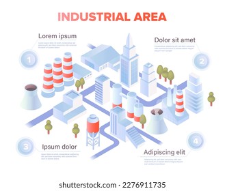 Industrial city area. Template, layout and mock up. Fuel cans, highrise buildings, production and factory, manufacture. Streets, trees and place for text. Cartoon isometric vector illustration