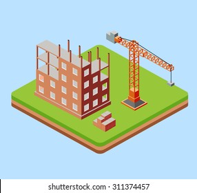 Industrial city building with construction cranes and town houses a  made in perspective isometric
