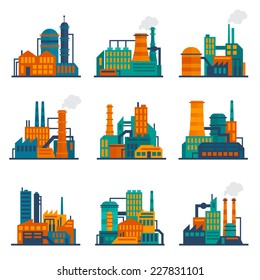 Industrial city construction building factories and plants flat icons set isolated vector illustration