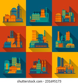 Industrial City Construction Power And Electricity Building Flat Long Shadow Icons Set Isolated Vector Illustration