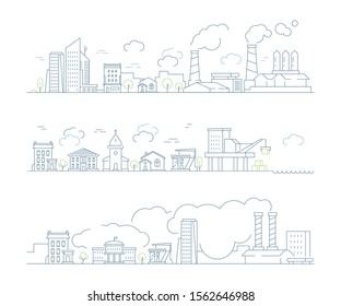 Industrial city landscape. Factory urban smog buildings and steam clouds transport bad environment vector linear background