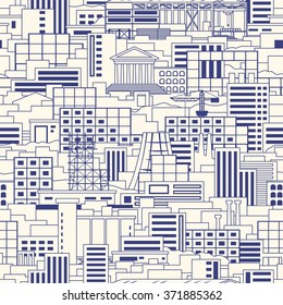 Industrial city linear style scenery seamless vector pattern with shops, skyscrapers, theaters, regular buildings, plants, factories, smoking pipes, cranes, construction facilities with parkland among