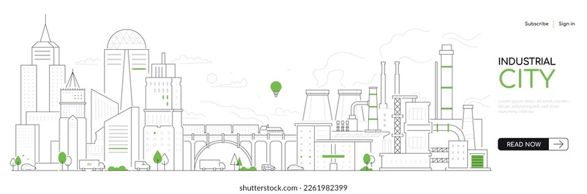 Industrial city - modern thin line design style vector banner on white urban background. Composition with plants and factories built on the territory of residential areas. Bridge and traffic