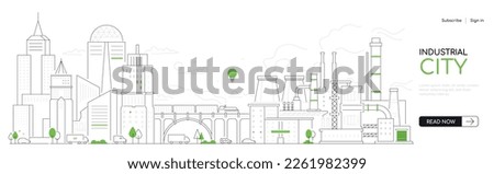 Industrial city - modern thin line design style vector banner on white urban background. Composition with plants and factories built on the territory of residential areas. Bridge and traffic 商業照片 © 