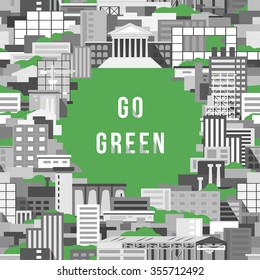 Industrial city monochrome flat style scenery seamless vector with shops,theaters,buildings,plants,factories,pipes,cranes,construction facilities full of bright greenery and park area in the middle