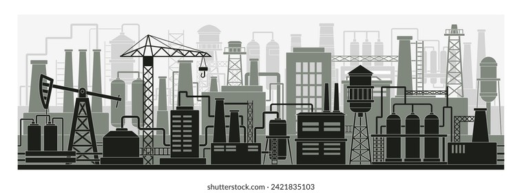 Industrial city silhouette concept. Skyscrapers with construction cranes. Poster or banner. Urban architecture and infrastructure. Outline flat vector illustration isolated on white background