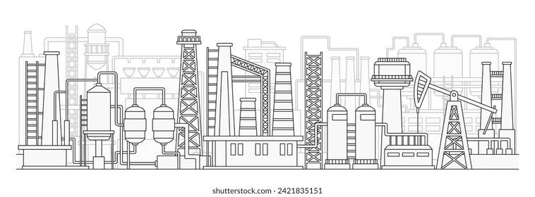 Industrial city silhouette concept. Skyscrapers with construction cranes and pipes. Urban architecture and infrastructure. Outline flat vector illustration isolated on white background