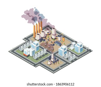 Industrial city. Urban factory pollution air garbage in city 3d low poly isometric buildings vector