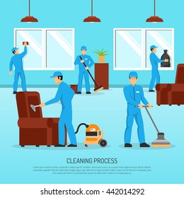 Industrial cleaning and maintain company service team at work in warehouse facility flat poster abstract vector illustration 