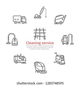 Industrial Cleaning Service banner. Worker. Vacuum Scrubber. Sweeper Machines. Thin line icon set. Vector illustration.