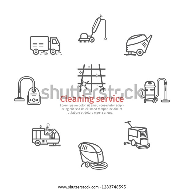 Industrial\
Cleaning Service banner. Worker. Vacuum Scrubber. Sweeper Machines.\
Thin line icon set. Vector\
illustration.