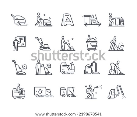 Industrial Cleaning Service Line Icons set. Cleaning machines, cleaners and maids with mops, rags and detergents. Design element for apps. Cartoon flat vector collection isolated on white background Foto d'archivio © 