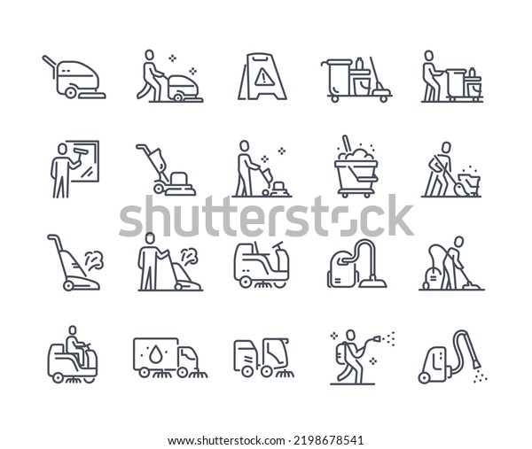 Industrial Cleaning Service Line Icons set.\
Cleaning machines, cleaners and maids with mops, rags and\
detergents. Design element for apps. Cartoon flat vector collection\
isolated on white\
background