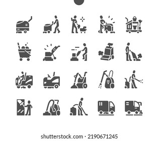 Industrial cleaning service. Cleaning machine. High pressure washer. Cleaner worker. Vector Solid Icons. Simple Pictogram