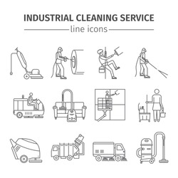 Industrial Cleaning Service. Worker. Vacuum Scrubber. Sweeper Machines. Thin Line Icon Set. Vector Illustration.