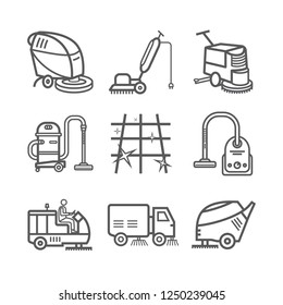 Servicio de limpieza industrial. Trabajador. Tapón de vacío. Máquinas barrenadoras. Juego de iconos de línea delgada. Ilustración vectorial.