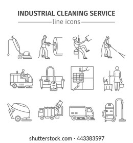 Industrial Cleaning Service. Worker. Vacuum Scrubber. Sweeper Machines. Thin line icon set. Vector illustration.