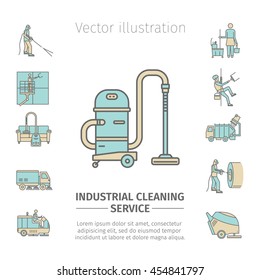 Industrial Cleaning Service. Worker. Vacuum Scrubber. Sweeper Machines. Flat icon set. Vector illustration.