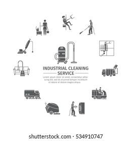 Industrial Cleaning Service. Worker. Vacuum Scrubber. Sweeper Machines. Pictograms set. Vector illustration.