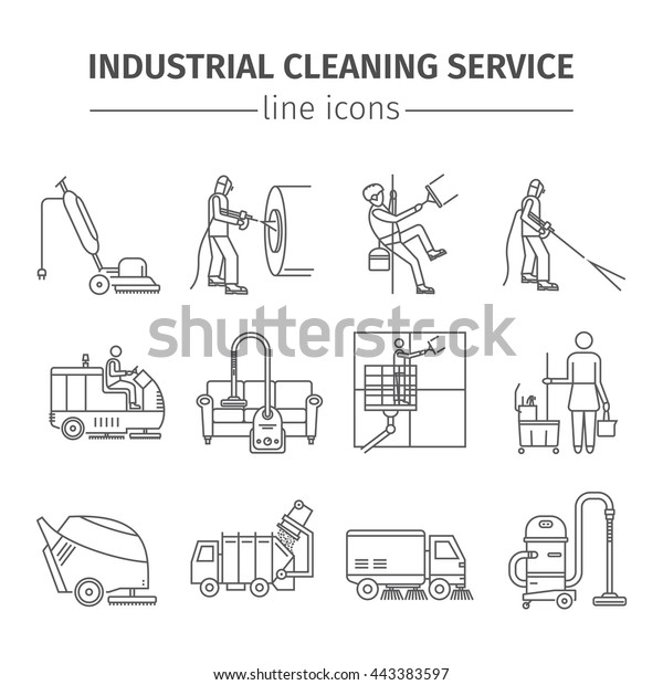 Industrial Cleaning\
Service. Worker. Vacuum Scrubber. Sweeper Machines. Thin line icon\
set. Vector\
illustration.