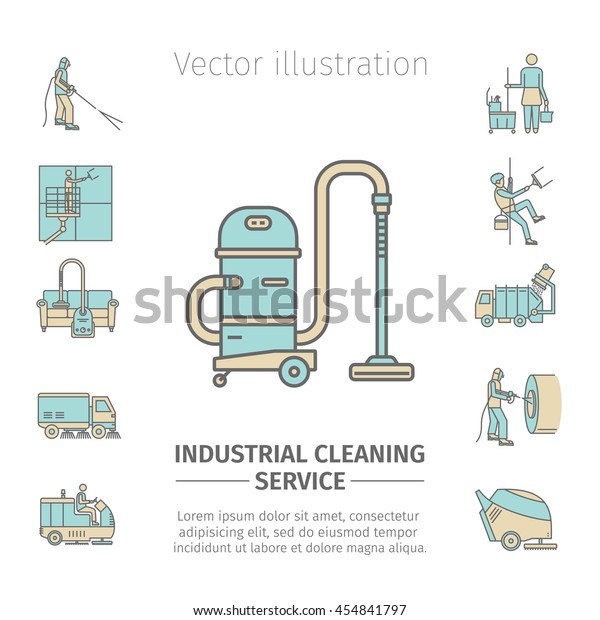 Industrial Cleaning\
Service. Worker. Vacuum Scrubber. Sweeper Machines. Flat icon set.\
Vector\
illustration.
