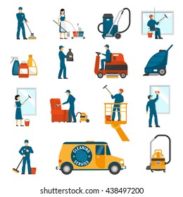 Industrial cleaning service workers flat icons collection with vacuum scrubber and sweeper machines abstract isolated vector illustration 