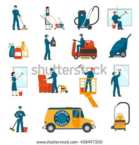 Industrial cleaning service workers flat icons collection with vacuum scrubber and sweeper machines abstract isolated vector illustration 
