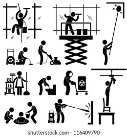Industrial Cleaning Services Risky Cleaner Job Working Stick Figure Pictogram Icon