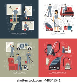 Industrial Cleaning Window Washers And Floor Scrubbing Equipment 4 Flat Icons Square Poster Abstract Isolated Vector Illustration 