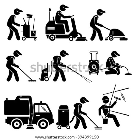 Industrial Cleaning Worker with Tools and Equipment Stick Figure Pictogram Icons