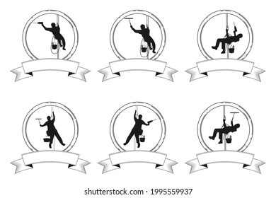 Industrial climber, alpinism. High-altitude work. Washing of glass and facades. Silhouette of a working climber hanging on ropes. Logo, sign. Blank template. Vector isolated