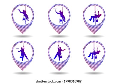 Industrial climber, alpinism. High-altitude work. Washing of glass and facades. Silhouette of a working climber hanging on ropes. Six design options. Geolocation sign, location designation. Vector
