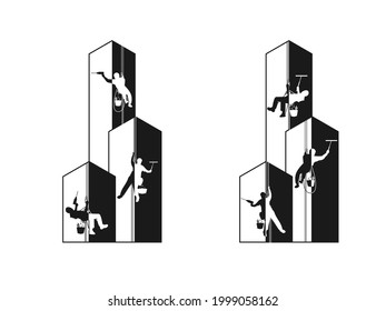 Industrial climber, alpinism. High-altitude work. Washing of glass and facades. Silhouette of a working climber hanging on ropes. Logo, sign. Blank template. Vector isolated