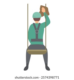 Industrial climber cleaning windows while hanging with safety harness