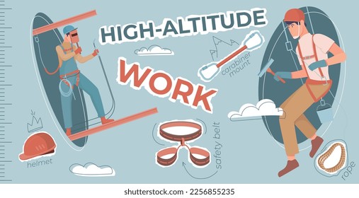 Industrial climber composition with collage of flat doodle human characters safety belts carabiner mount and text vector illustration